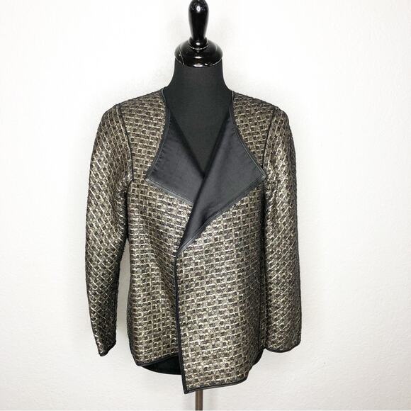 Lafayette 148 New York black gold metallic wool open front blazer size Medium